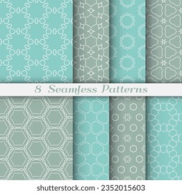 Seamless pattern set in arabic style. Stylish geometric line art white on colorful background. Repeating hexagonal texture for wallpaper, card, invitation, banner, fabric print. Tribal ethnic ornament
