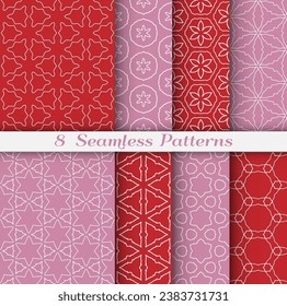Seamless pattern set in arabic style. Stylish geometric line art white on colorful background. Repeating hexagonal texture for wallpaper, card, invitation, banner, fabric print. Tribal ethnic ornament