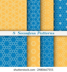 Seamless pattern set in arabic style. Stylish geometric line art white on colorful background. Repeating hexagonal texture for wallpaper, card, invitation, banner, fabric print. Tribal ethnic ornament