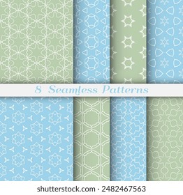 Seamless pattern set in arabic style. Stylish geometric line art white on colorful background. Repeating hexagonal texture for wallpaper, card, invitation, banner, fabric print. Tribal ethnic ornament