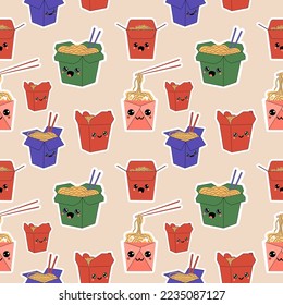 Seamless pattern with set Set of Asian wok boxes with ramen noodles cartoon characters.Happy fast food positive emoji, funny kawaii meal in carton package