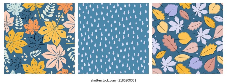 Seamless pattern set with autumn leaves, raindrops. Simple plant abstract print. Vector graphics.