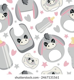 seamless pattern of set of baby things, namely rattle toy, pacifier, feeding bottle, bib and hat with animal image, namely donkey, for packaging, design or textile