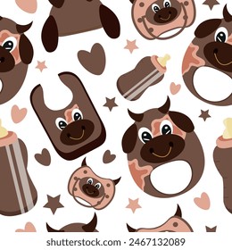 seamless pattern of set of baby things, namely rattle toy, pacifier, feeding bottle, bib and hat with animal image, namely bull, for packaging, design or textile