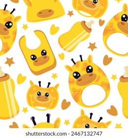 seamless pattern of set of baby things, namely rattle toy, pacifier, feeding bottle, bib and hat with animal image, namely giraffe, for packaging, design or textile