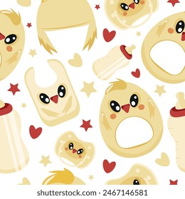 seamless pattern of set of baby things, namely rattle toy, pacifier, feeding bottle, bib and hat with animal image, namely chikens, for packaging, design or textile