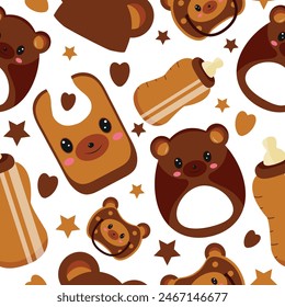 seamless pattern of set of baby things, namely rattle toy, pacifier, feeding bottle, bib and hat with animal image, namely bear, for packaging, design or textile