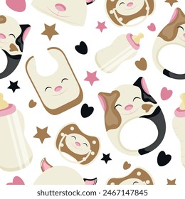 seamless pattern of set of baby things, namely rattle toy, pacifier, feeding bottle, bib and hat with animal image, namely cat, for packaging, design or textile