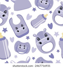 seamless pattern of set of baby things, namely rattle toy, pacifier, feeding bottle, bib and hat with animal image, namely hippo, for packaging, design or textile