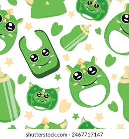 seamless pattern of set of baby things, namely rattle toy, pacifier, feeding bottle, bib and hat with animal image, namely dragon, for packaging, design or textile