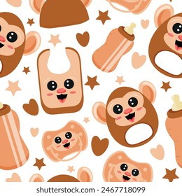 seamless pattern of set of baby things, namely rattle toy, pacifier, feeding bottle, bib and hat with animal image, namely monkey, for packaging, design or textile