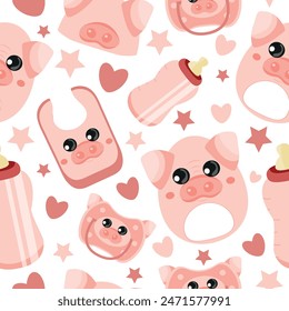 seamless pattern of set of baby things, namely rattle toy, pacifier, feeding bottle, bib and hat with animal image, namely pig, for packaging, design or textile