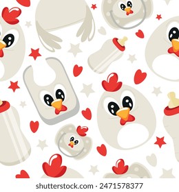 seamless pattern of set of baby things, namely rattle toy, pacifier, feeding bottle, bib and hat with animal image, namely rooster, for packaging, design or textile