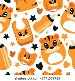 seamless pattern of set of baby things, namely rattle toy, pacifier, feeding bottle, bib and hat with animal image, namely tiger, for packaging, design or textile