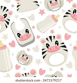 seamless pattern of set of baby things, namely rattle toy, pacifier, feeding bottle, bib and hat with animal image, namely zebra, for packaging, design or textile