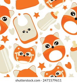 seamless pattern of set of baby things, namely rattle toy, pacifier, feeding bottle, bib and hat with animal image, namely fox, for packaging, design or textile