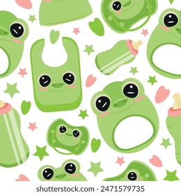 seamless pattern of set of baby things, namely rattle toy, pacifier, feeding bottle, bib and hat with animal image, namely frog, for packaging, design or textile