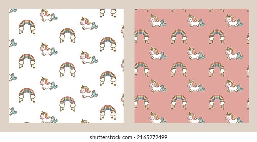 Seamless pattern set for the background. Unicorn pattern, rainbow pattern for girls. Cute unicorn, cute rainbow (vector illustration): children, printed T-shirt, packaging texture, packaging pattern