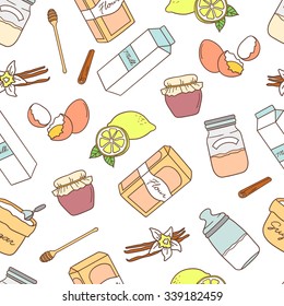 Seamless pattern with set of baking ingredients, hand drawn icons. Design background vector. Colorful illustration with groceries icon. Decorative wallpaper, good for printing