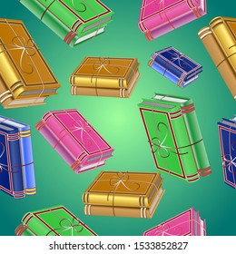 Seamless pattern with a set of bandaged books. Vector illustration in cartoon style on a green background.