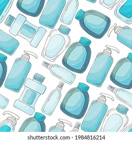 Seamless pattern. Set of bathroom elements in hand draw style. Collection of cans, packages. Antiseptic, toothpaste, gel