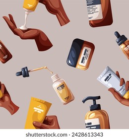 Patrón sin fisuras con conjunto de productos de belleza, cosméticos. Belleza, cuidado de la piel, cuidado del cuerpo, concepto de limpieza. Ilustración vectorial para banner, póster, sitio web.
