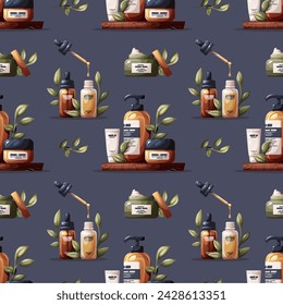 Seamless pattern with set of beauty products, cosmetics. Beauty, skin care, body care, cleansing concept. Vector illustration for banner, poster, website.