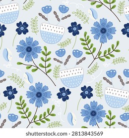 Seamless pattern set of bee and blue flowers