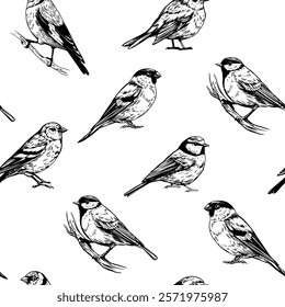 Seamless pattern, set birds, great tit, goldfinch, robin, bullfinch, realistic sketch, hand drawn vector