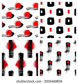 Seamless pattern set with black and red brush strokes and rough dry ink splashes isolated on white background. Hand-drawn grunge texture. Japanese style vector wallpaper. 