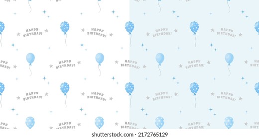 Seamless Pattern Set With Blue Balloons And Happy Birthday For Wrapping Paper. White And Blue Background	