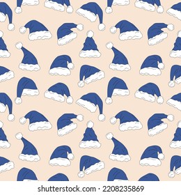 Seamless pattern with Set of blue Santa Claus hats. Vector in cartoon style. 