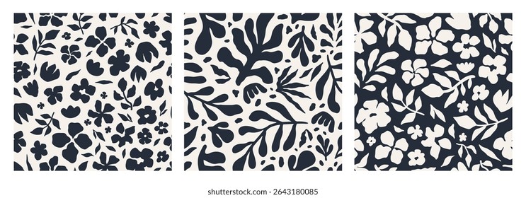 Seamless pattern set with bold floral and botanical silhouettes in black on a light cream background. Hand-drawn modern design is perfect for textiles, packaging, wallpaper, and digital projects.