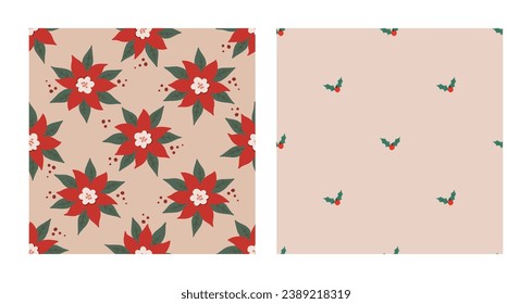 Seamless pattern set with bold red poinsettia and holly. Christmas and New Year concept. Hand drawn vector texture for wallpaper, prints, wrapping, textile