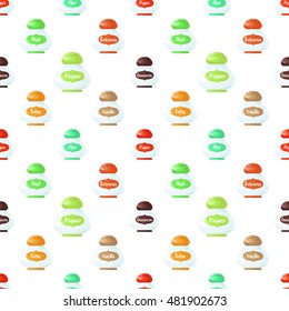 Seamless pattern. Set bottles with spices. Set of labels for spices.