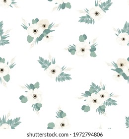 Seamless pattern. Set of bouquets of beautiful spring flowers. White flowers, leaves and branches. Flat isolated vector illustration.