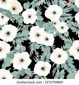 Seamless pattern. Set of bouquets of beautiful spring flowers. White flowers, leaves and branches. Flat isolated vector illustration.