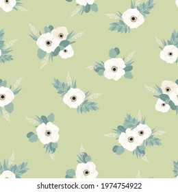 Seamless pattern. Set of bouquets of beautiful spring flowers. White flowers, leaves and branches. Flat isolated vector illustration.