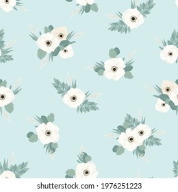 Seamless pattern. Set of bouquets of beautiful spring flowers. White flowers, leaves and branches. Flat isolated vector illustration.