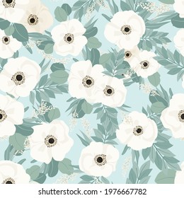 Seamless pattern. Set of bouquets of beautiful spring flowers. White flowers, leaves and branches. Flat isolated vector illustration.