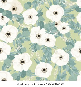 Seamless pattern. Set of bouquets of beautiful spring flowers. White flowers, leaves and branches. Flat isolated vector illustration.