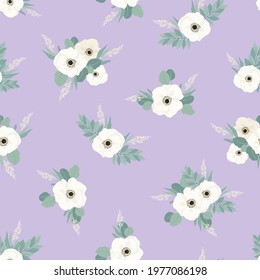 Seamless pattern. Set of bouquets of beautiful spring flowers. White flowers, leaves and branches. Flat isolated vector illustration.