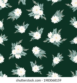 Seamless pattern. Set of bouquets of beautiful spring flowers. White flowers, leaves and branches. Flat isolated vector illustration.