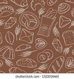 Seamless pattern set of bread products: bread, pie, bread, cheesecake, envelope, pretzel, pudding, a roll, an envelope, a piece of bread, cheesecake, sausage roll. Vector