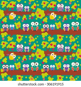 seamless pattern set bright colorful owls on the branch of a tree with red apples on dark green background. Vector