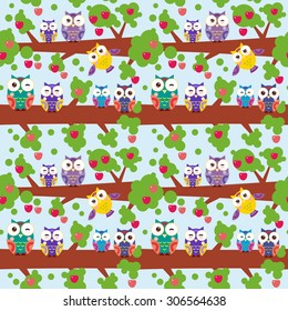 seamless pattern set bright colorful owls on the branch of a tree with red apples on blue background. Vector