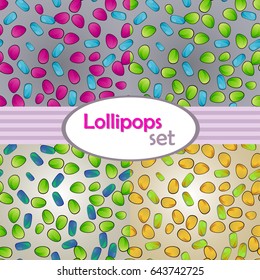 Seamless pattern set of bright gems or lollipops on grey and light brown background
