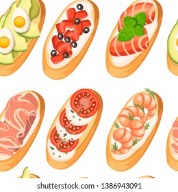 Seamless pattern. Set of Bruschetta with different ingredients - salmon, tomatoes, shrimps, meat, parmesan. Classic Italian food, delicious appetizer. Flat vector illustration on white background.