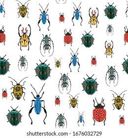 Seamless pattern with a set of bugs. Bright illustration of small beetles on a white background. flat design drawn by hand.For fabrics, packaging paper, website banners, and Wallpaper. vector