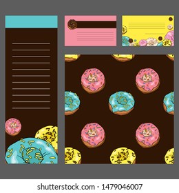 Seamless pattern, a set of business cards and a flyer with donuts in colored glaze. Vector. Illustration